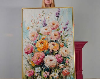Pink Floral Canvas Print: Vibrant Bouquet Painting, Framed Spring Decor