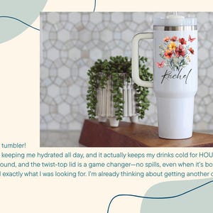 Customer review praising pink personalized 40 oz tumbler for keeping drinks cold and easy portability with handle and twist-top lid.