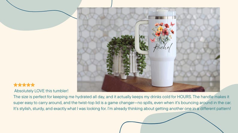 Customer review praising pink personalized 40 oz tumbler for keeping drinks cold and easy portability with handle and twist-top lid.