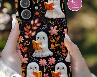 Ghost Reader Phone Case, Boho Floral Embroidered Look Tough Case for Book Lovers, Cute Halloween Autumn Aesthetic, iPhone, Samsung, Pixel