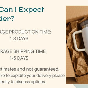 Shipping and production timeframe info for personalized 40 oz tumblers, showing a tumbler packed in a box with kraft paper. Estimated delivery guide.