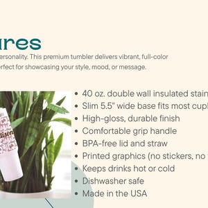 Custom 40 oz tumbler with name in pink bow design, shown with key features like double-wall insulation, BPA-free lid, and dishwasher safe.