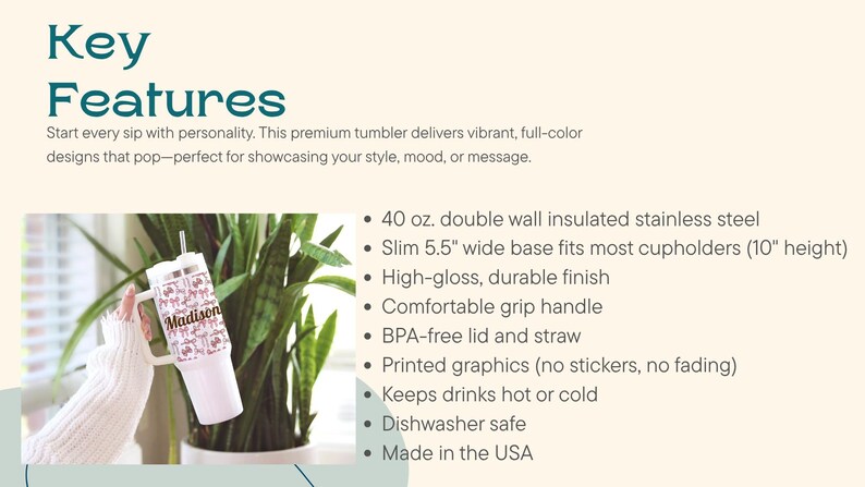 Custom 40 oz tumbler with name in pink bow design, shown with key features like double-wall insulation, BPA-free lid, and dishwasher safe.