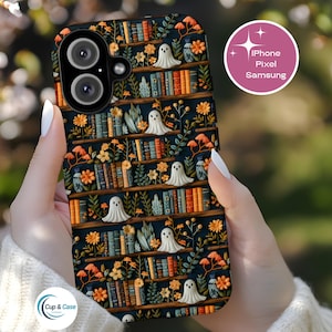 3D Ghost Floral Phone Cover, Spooky iPhone Pixel Samsung Tough Case Book Lovers, Halloween Gift for Bookworm Reader