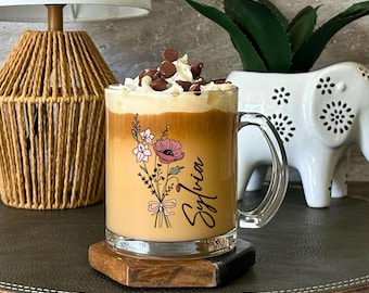 Personalized Coquette Flower Clear Coffee Mug – Custom Floral Glass Mug with Name, Wildflower Mug, Gift for Her, Bridesmaid or Best Friend
