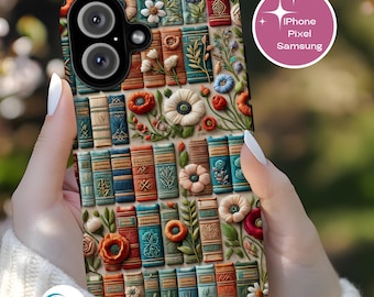 Bookish Embroidery Flower Phone Case, Cottagecore Cover, Book Lover Gift, 3D look, Tough Case IPhone 17, Pixel 9, Samsung S25