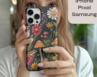 Botanical Mushroom and Frog Design, Cottagecore Phone Case –  for iPhone, Samsung, Pixel & More, Wildflower Forest Aesthetic Cover