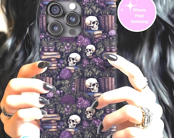 Gothic Skull Bookshelf Phone Case: Dark Academia Library Aesthetic for Book Lovers - iPhone 16 15 14, Galaxy S25 S24 S23, Pixel 9 8 7
