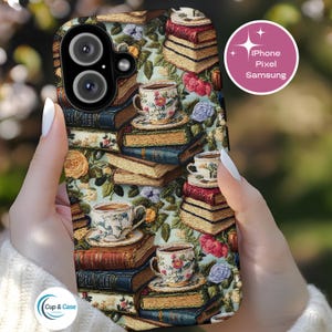 Vintage 3D Embroidered Floral Book Lover Phone Case, Tea & Books Cover, Cottagecore Gift for Readers, Bookish Pixel iPhone Samsung