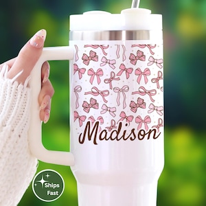 Pink Coquette Bow Tumbler With Handle And Straw Lid 40oz, Personalized Cute Girly Insulated Travel Mug, Gift For Her Birthday Cup
