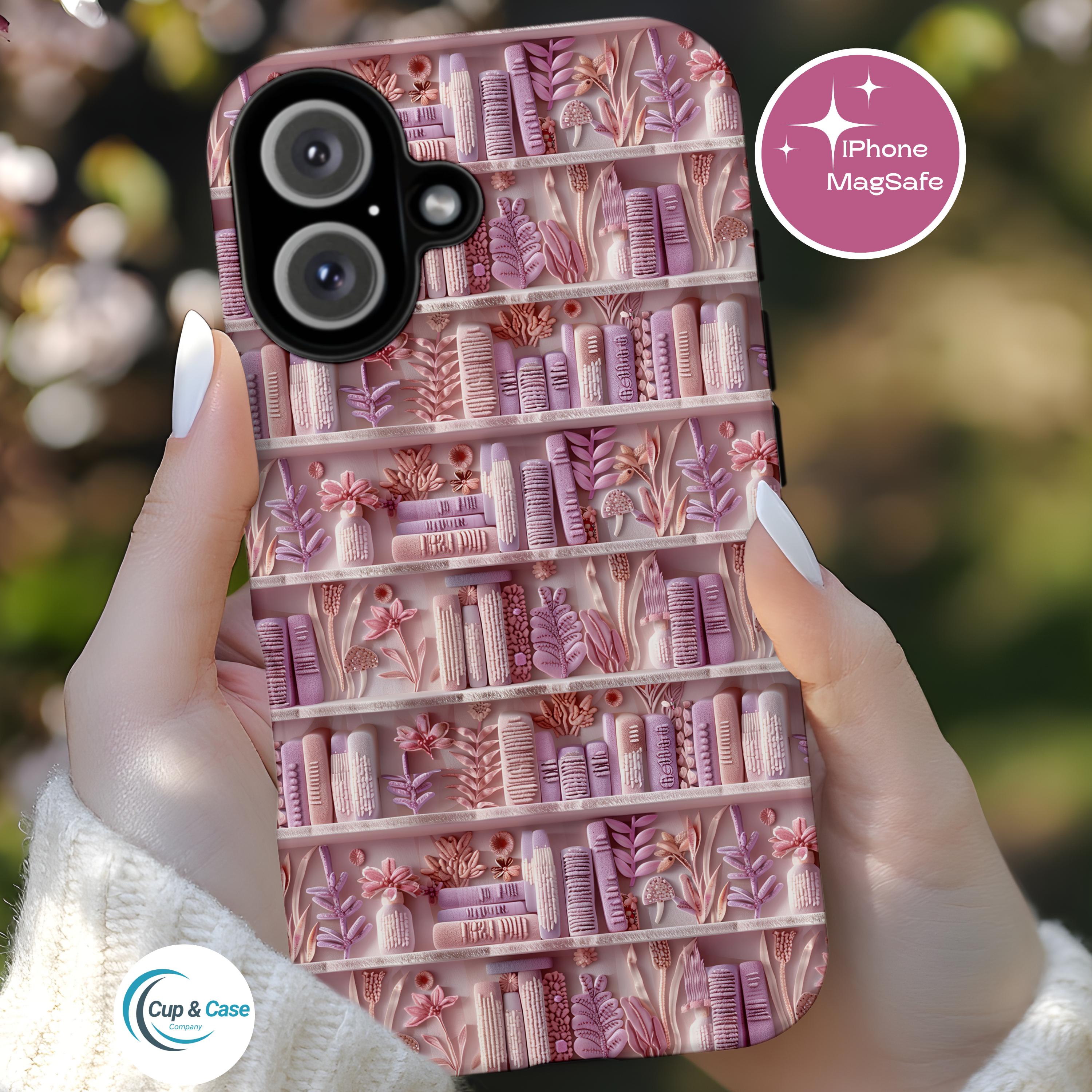 Roze 3D-boekenachtig telefoonhoesje, stoer iPhone-hoesje namaakborduurwerk, bloemen MagSafe-telefoonhoesje, Cottagecore-cadeau voor boekenwurm, bibliothecaris, boekenclub
