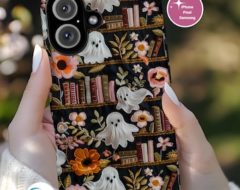 Ghost Haunted Bookcase Phone Case,Spooky iPhone Pixel Samsung Tough Case for Book Lovers,Halloween Gift for Bookworm Reader,Cute Ghost Decor