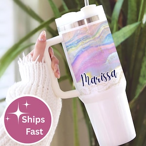Pastel Glitter 40 Ounce Tumbler with Handle & Straw | Custom Name Retro Cup | Womens 40 oz Mug | Cute Iced Coffee Gift for Her