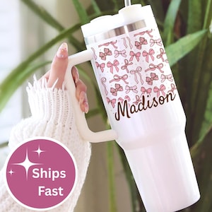 Custom 40 Oz. Tumbler with Handle and Straw | Pink Coquette Cup with Name | Cute Large Mug for Hot and Cold Drinks | Trendy Gift for Her