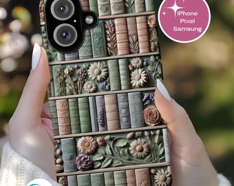 Pastel 3D Bookish Flower Phone Cover, Floral Cottagecore, Tough Case iPhone 17, Pixel 9, Samsung S25, Book Lover Gift for Her