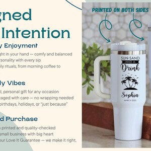 Two personalized 40 oz tumblers with palm tree design, showcasing features like printed on both sides and comfort-grip handle. Ideal gift tumbler for women.