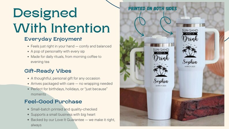 Two personalized 40 oz tumblers with palm tree design, showcasing features like printed on both sides and comfort-grip handle. Ideal gift tumbler for women.