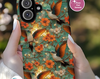 Floral Hummingbird Stained Glass Mosaic Phone Case, Perfect Gift for Art Lovers and Bird Fans iPhone, Samsung Galaxy , Plus Ultra Max, Pixel