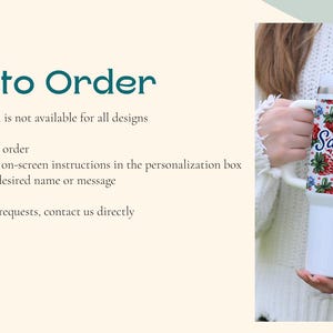 Instructions for ordering a custom name tumbler with a red strawberry print, held by a woman in a white sweater. Personalization guide for custom 40 oz mugs.