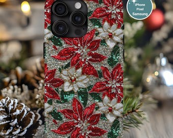 Christmas Poinsettia Phone Case – Faux Glitter Floral Holiday Cover for iPhone Samsung Pixel, Festive Red & White Sparkle Design