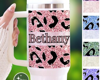 Personalized 40oz Faux Glitter Animal Print Tumbler with Handle and Straw, Custom Name Insulated Travel Mug