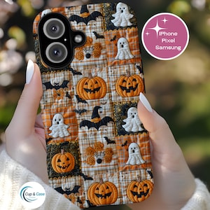 May include: A Halloween-themed phone case featuring a patchwork design with orange pumpkins, white ghosts, black bats, and witch hats. The case is designed for iPhone, Pixel, and Samsung phones.