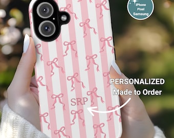 Personalized Pink Phone Case, Custom Monogram iPhone Pixel Galaxy Cover, Pink Striped Coastal Preppy Case, Summer Beachy Phonecase