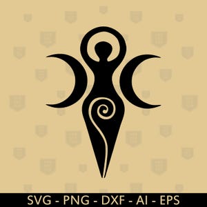 May include: A black silhouette of a female figure with a spiral design in the center, surrounded by three crescent moons. The figure is standing with arms raised above her head.