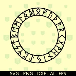 May include: Black and white circular design with a border of runes. The runes are in a circular pattern around the edge of the circle.