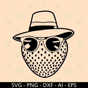 Puede incluir: Ilustración en blanco y negro de una fresa con gafas de sol y sombrero fedora. La fresa tiene una superficie texturizada con semillas negras. La imagen incluye el texto "SVG - PNG - DXF - AI - EPS".