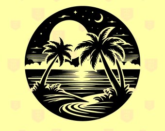 May include: Black and white silhouette of a beach scene with two palm trees, a crescent moon, and a full moon in the sky. The ocean is depicted with waves and a sandy beach.