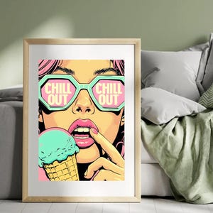 Retro ice cream Pop Art Print. Vintage pop art. Female Retro bold art prints. Colourful, humorous retro Pastel colour pop art print.