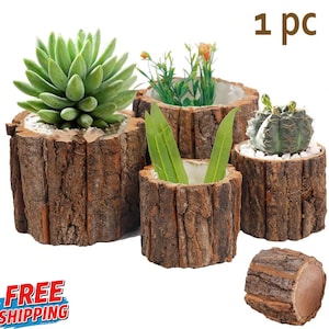 May include: A collection of five rustic wooden planters, each crafted from sections of tree trunks. The planters hold various plants, including succulents, cacti, and greenery. The bark-like texture of the wood provides a natural, earthy aesthetic.