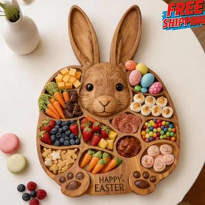 Handmade Rabbit Serving Tray - Easter Home Party Decorations - Easter Bunny Wooden Charcuterie Board - Easter Home Decor - Gift For Kitchen