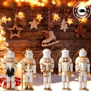 May include: A festive Christmas display featuring five white and gold nutcrackers. The background includes wooden stars, a gingerbread man, and a pair of ice skates. Warm lights and a Christmas tree create a festive atmosphere.