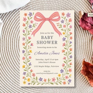 Plantilla de invitación floral rosa para baby shower con lazo - Descarga digital editable de Canva para bebé niña y revelación de género - Personalizable