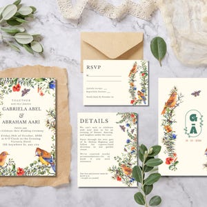 Ensemble de faire-part de mariage botanique et oiseau aquarelle | Faire-part floral lunatique | Modèle de toile DIY modifiable | RSVP et réservez votre date
