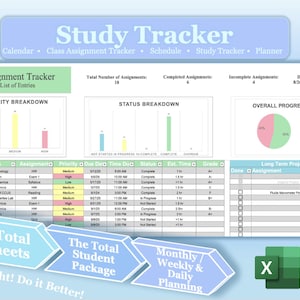以下が含まれることがあります： 水色の背景のデジタル学習トラッカーテンプレート。スプレッドシートには、課題、期日、進捗状況を追跡するためのセクションが含まれています。「Study Tracker」と「Assignment Tracker」というテキストが含まれています。