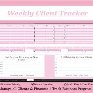 May include: A pink graphic with the text "Weekly Client Tracker" and a spreadsheet layout. The image includes icons and the words "Fast", "Compatible", and "Adaptable". The bottom text reads "Manage all Clients & Finances | Track Business Progress".