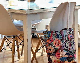 Artistic Tote Bag Inspired by Grandmother's Fabrics - Colorful Canvas Shopper