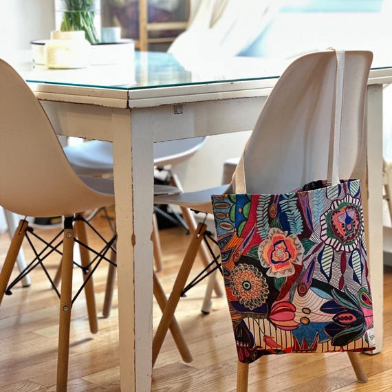 Artistic Tote Bag Inspired by Grandmother's Fabrics - Colorful Canvas Shopper