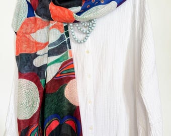 Colorful Floral Scarf: Art Inspired Shawl (27" x 73")