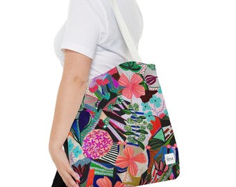 Bolso tote con estampado floral vibrante: bolso de compras inspirado en el arte abstracto