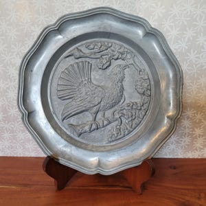 Vintage German Pewter Embossed Eagle/Bird on Branch Angel Marker&#39;s Mark Wall Décor Plates