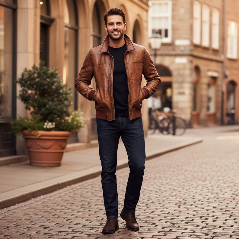 Men’s Vintage Brown Biker Leather Jacket | Classic Distressed Bomber Style image 2