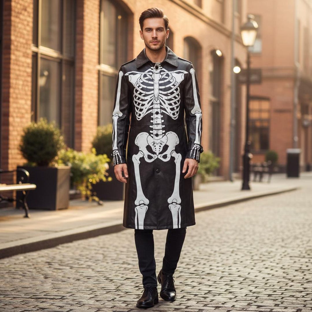 Skeleton Hand Coat Rack Mens Skeleton Gothic Leather Trench Coat Punk Rock Halloween Cosplay ...