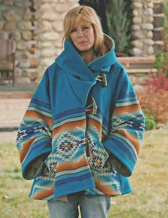 Kelly Reilly Jacket Beth Dutton Yellowstone Blue Hooded Fleece Poncho Women Coat Jacket
