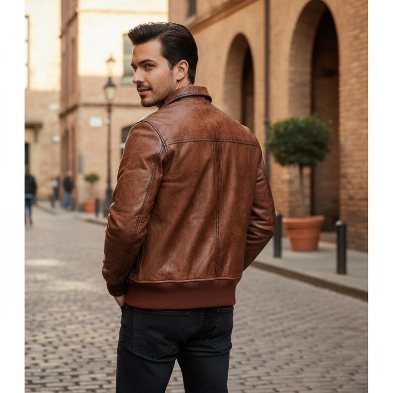 Men’s Vintage Brown Biker Leather Jacket | Classic Distressed Bomber Style image 7