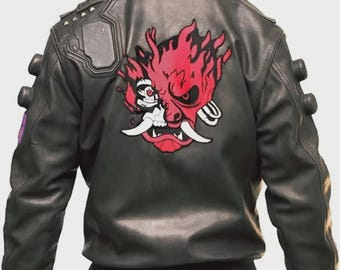 Mens Cyberpunk Samurai Black Leather Biker Jacket Cosplay Gaming Style