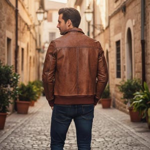 Men’s Vintage Brown Biker Leather Jacket | Classic Distressed Bomber Style image 4